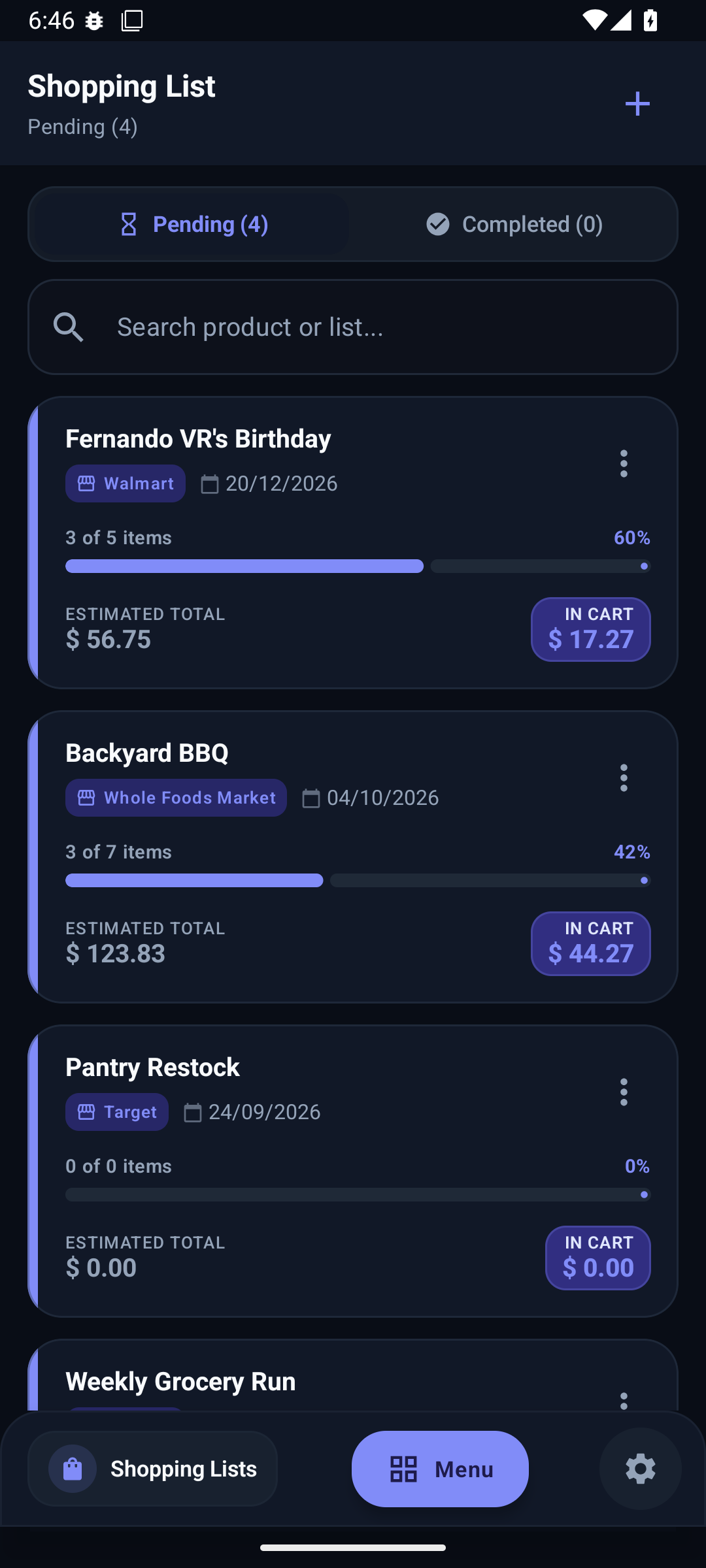 Shopping List App Dashboard